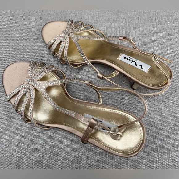 Nina metallic mid-heel sandals, new, straps with rhinestones, almond toe, 8.5 - Picture 2 of 9